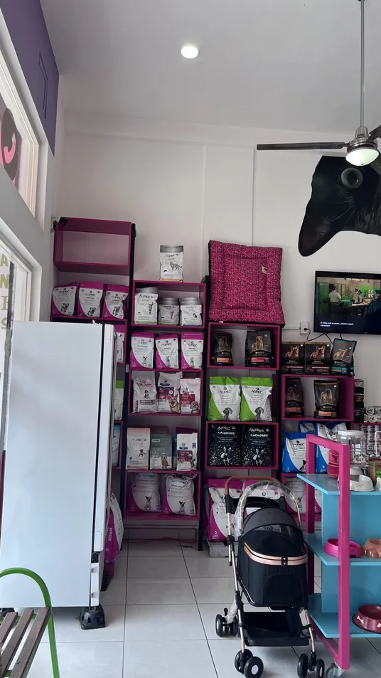 Anaqueles de alimento en la boutique de Wawao, junto a la pared de lunares